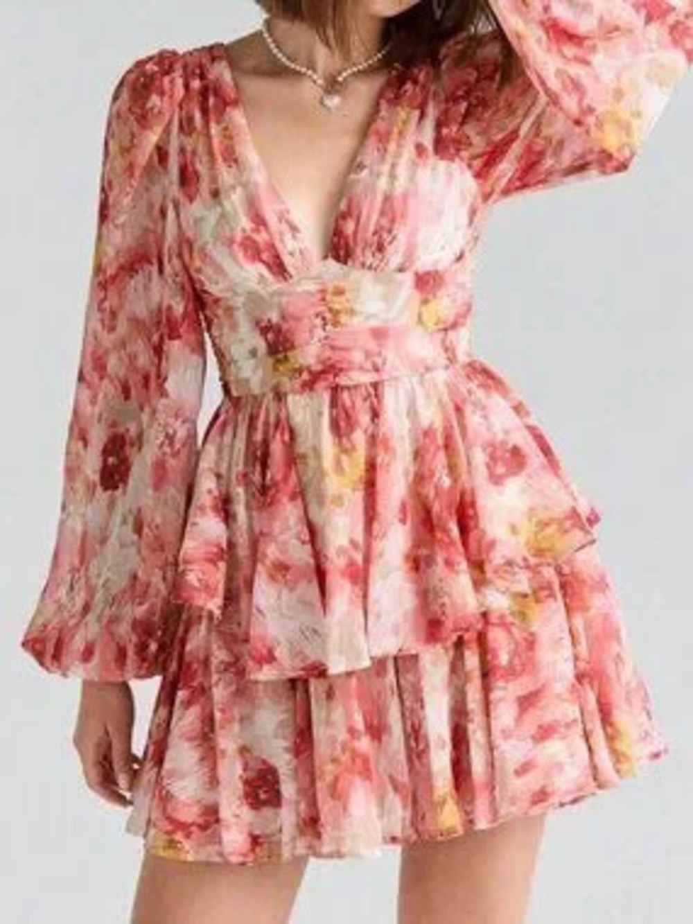 ZARA Red Boho Romantic Women's Elegant Floral Lantern Sleeve Dress